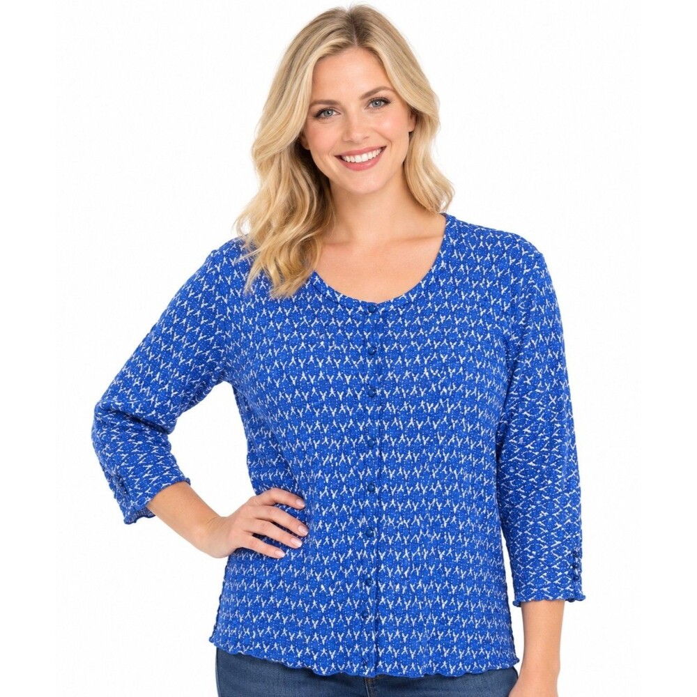 Grace Womens XL Blue White Knit Button Cardigan Sweater 3/4 Slv